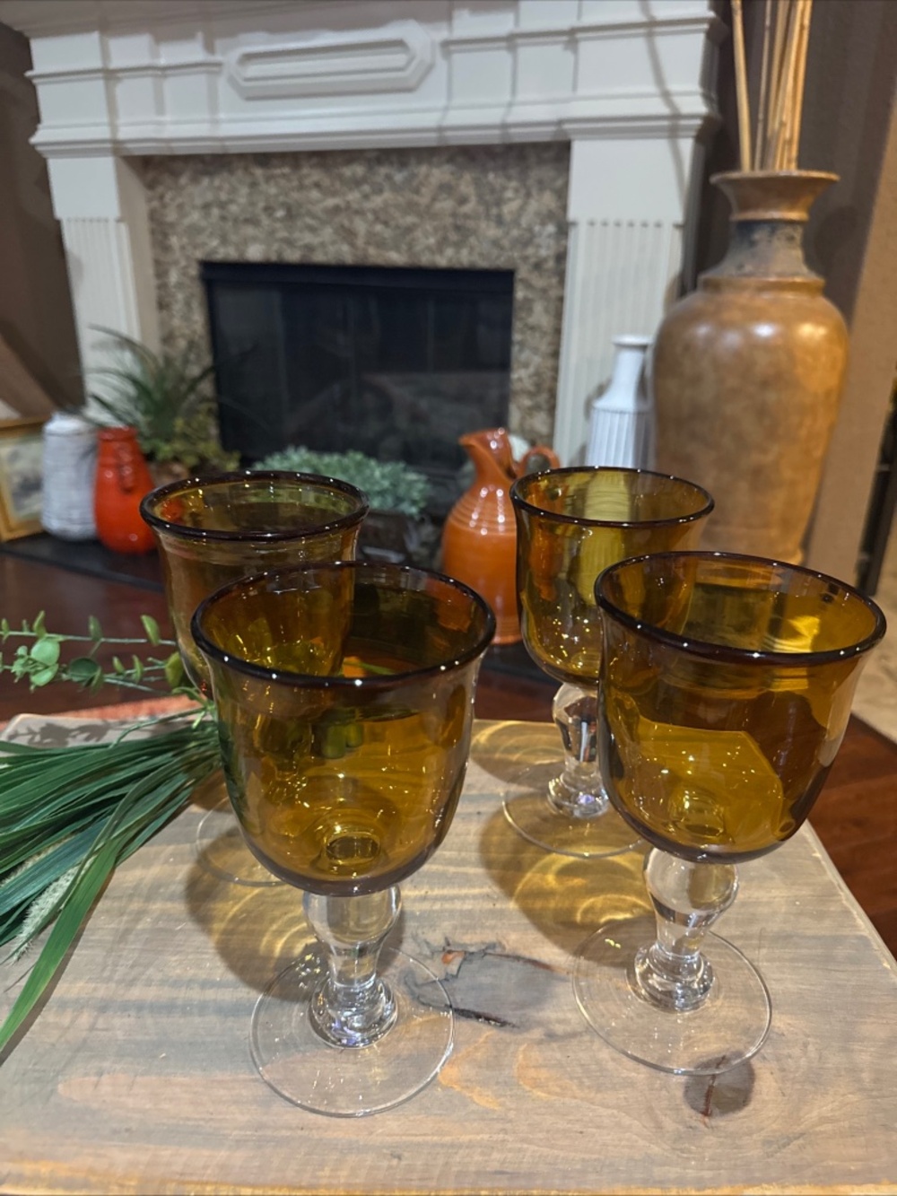 Artland Iris Amber Goblets – Set of 4 – Clear Stem – Art Glass